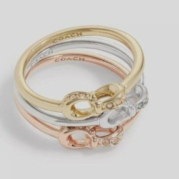 COACH Ring 7 Signature logo Pave Crystals Ring Set Set of 3 Stackables Interlock - Picture 1 of 6